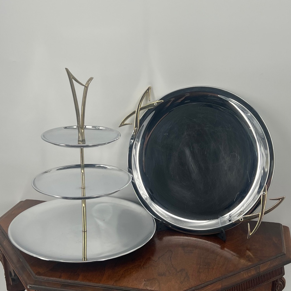 Vintage Kromex 3 Tier Serving Stand Tray Set Mid Century Chrome Gold Retro